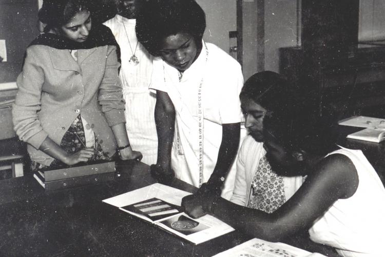 Dr. Julia Ojiambo (now Professor) takes students through a practical session in the 1980s
