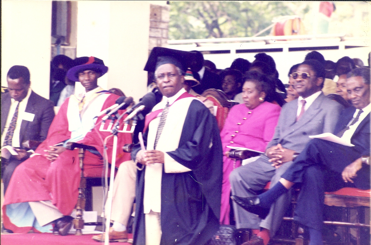 J.J. Kamotho, Zipporah Kittony, Amos Wako & Ole Ntimama. 1987 Graduation