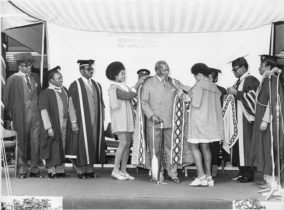 President Jomo Kenyatta is robed during a visit to UON (14-Dec-1973)